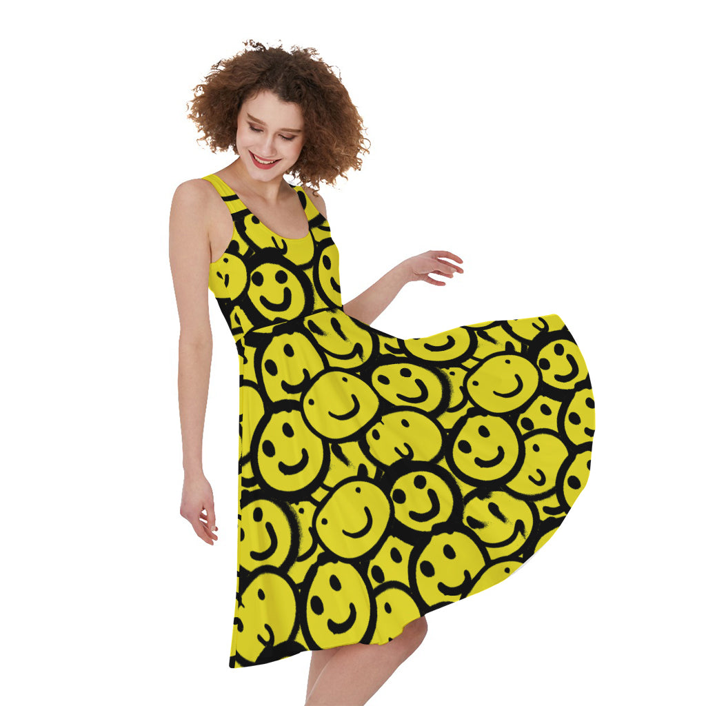 Graffiti Happy Emoji Pattern Print Women's Sleeveless Dress
