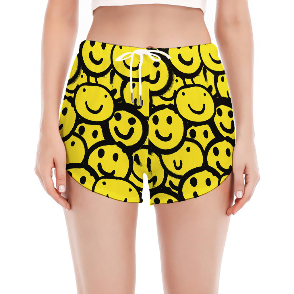 Graffiti Happy Emoji Pattern Print Women's Split Running Shorts