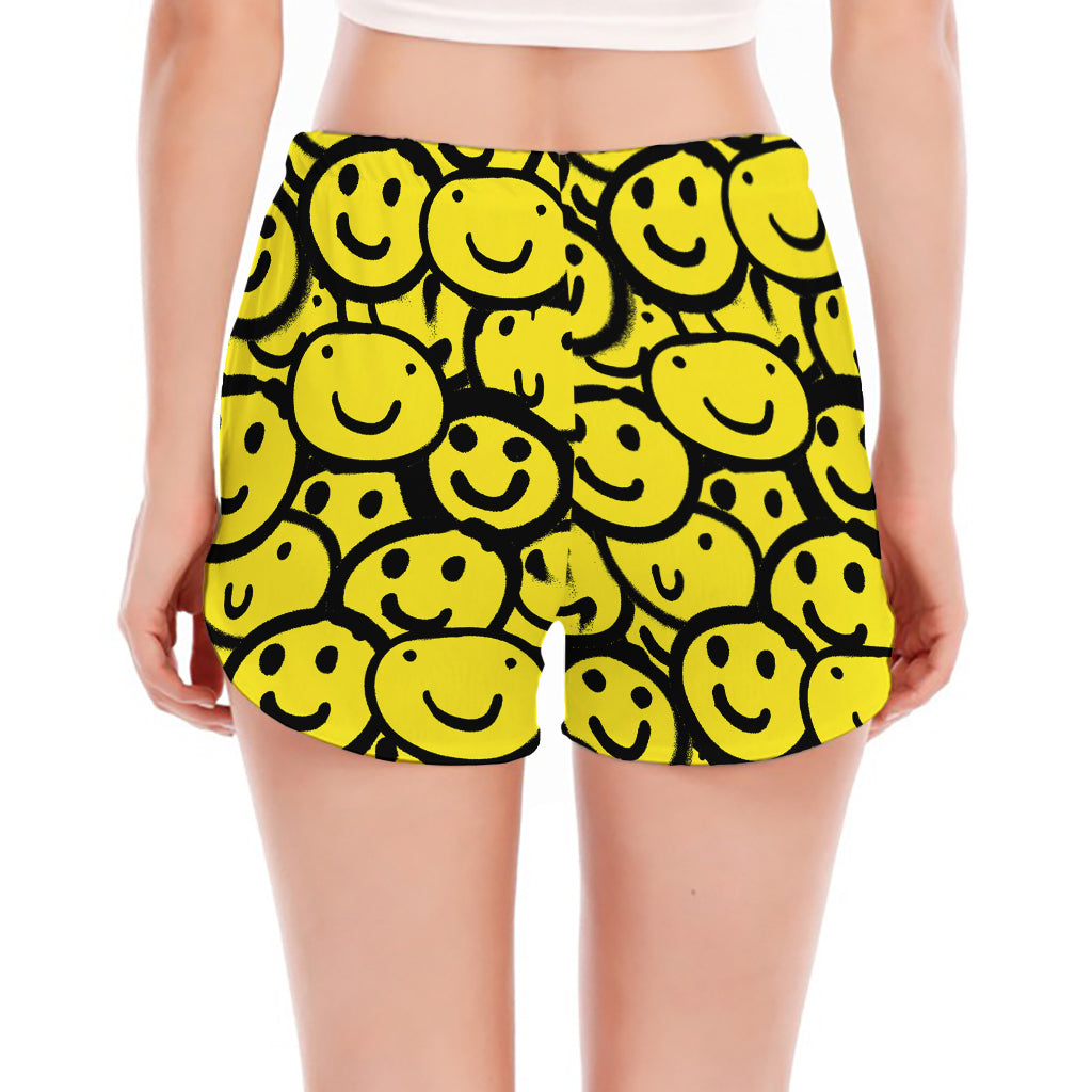 Graffiti Happy Emoji Pattern Print Women's Split Running Shorts