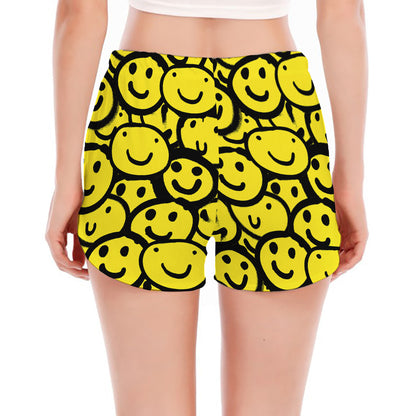 Graffiti Happy Emoji Pattern Print Women's Split Running Shorts