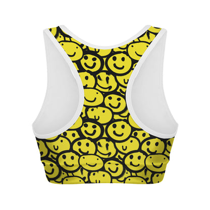Graffiti Happy Emoji Pattern Print Women's Sports Bra