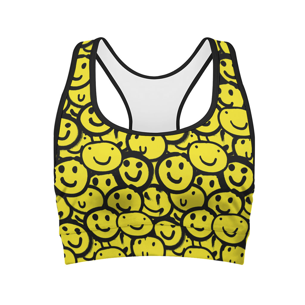 Graffiti Happy Emoji Pattern Print Women's Sports Bra