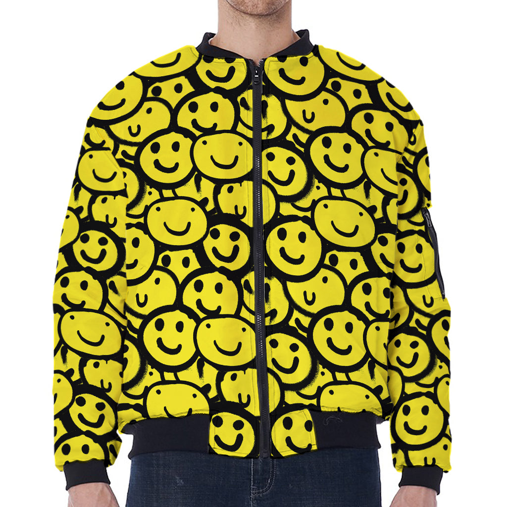 Graffiti Happy Emoji Pattern Print Zip Sleeve Bomber Jacket