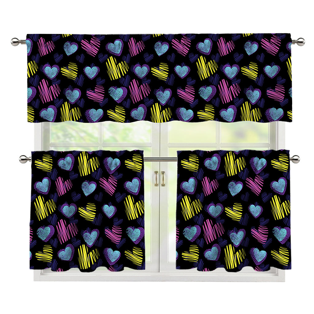 Graffiti Heart Pattern Print 3 Piece Kitchen Curtains
