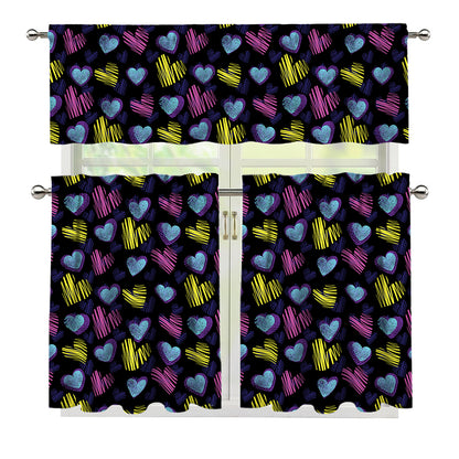 Graffiti Heart Pattern Print 3 Piece Kitchen Curtains