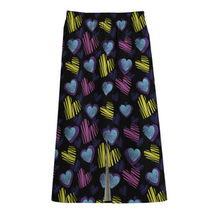 Graffiti Heart Pattern Print Cotton Front Slit Maxi Skirt