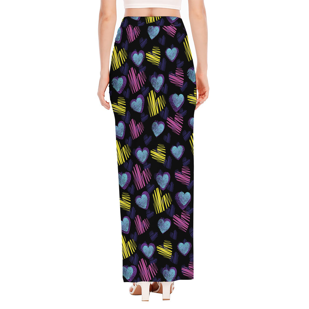 Graffiti Heart Pattern Print High Slit Maxi Skirt