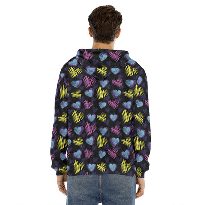 Graffiti Heart Pattern Print Men's Velvet Pullover Hoodie