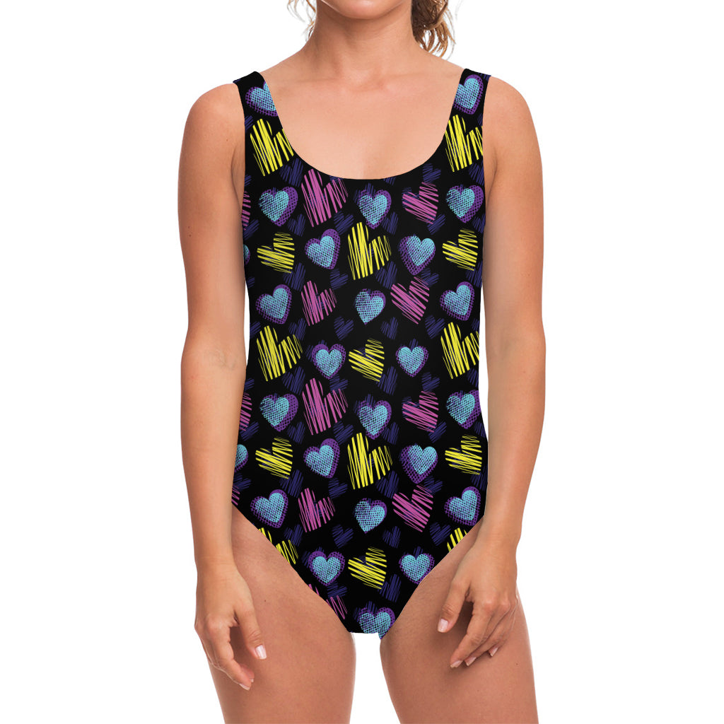 Graffiti Heart Pattern Print One Piece Swimsuit