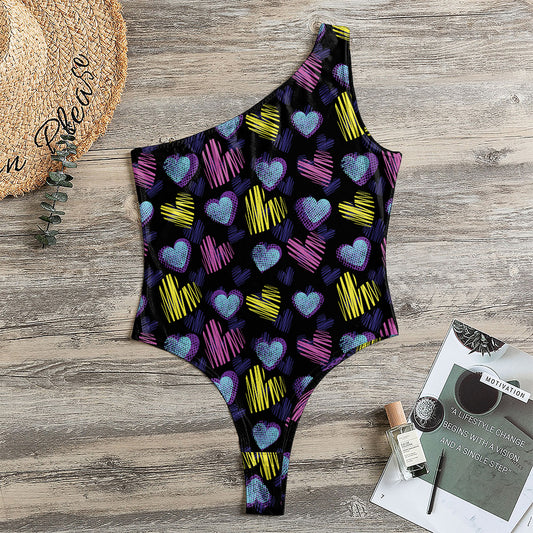 Graffiti Heart Pattern Print One Shoulder Bodysuit