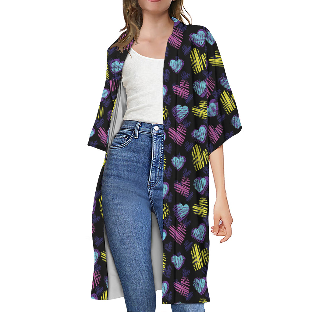 Graffiti Heart Pattern Print Open Front Beach Cover Up