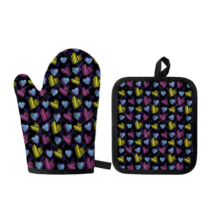 Graffiti Heart Pattern Print Oven Mitt And Pot Holder Set