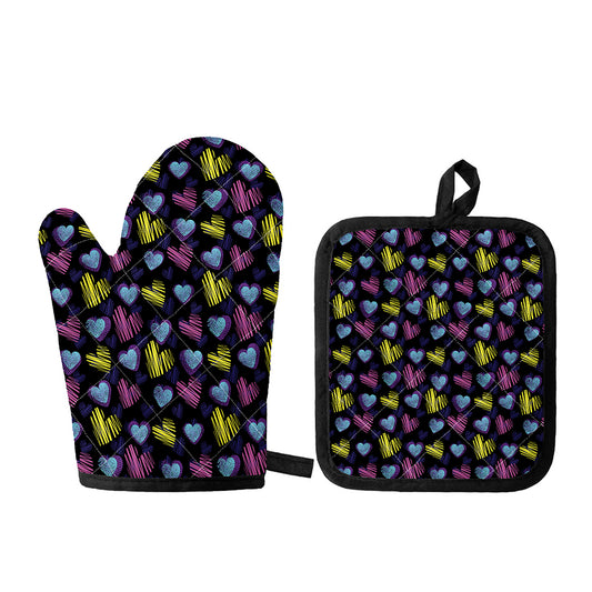 Graffiti Heart Pattern Print Oven Mitt And Pot Holder Set
