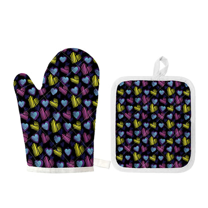 Graffiti Heart Pattern Print Oven Mitt And Pot Holder Set