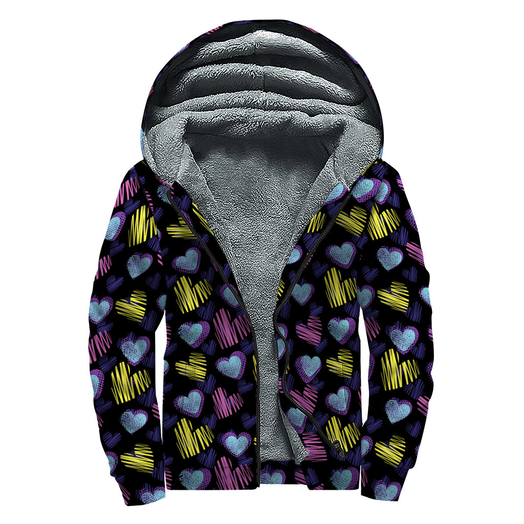 Graffiti Heart Pattern Print Sherpa Lined Zip Up Hoodie