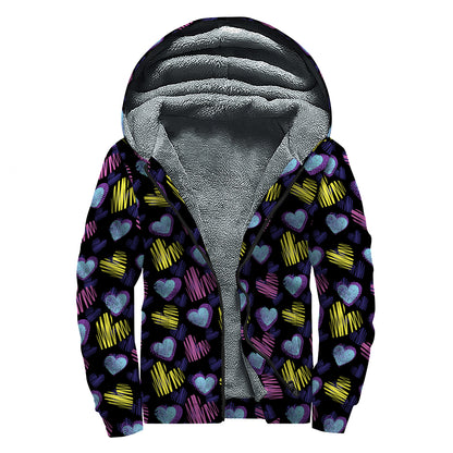 Graffiti Heart Pattern Print Sherpa Lined Zip Up Hoodie