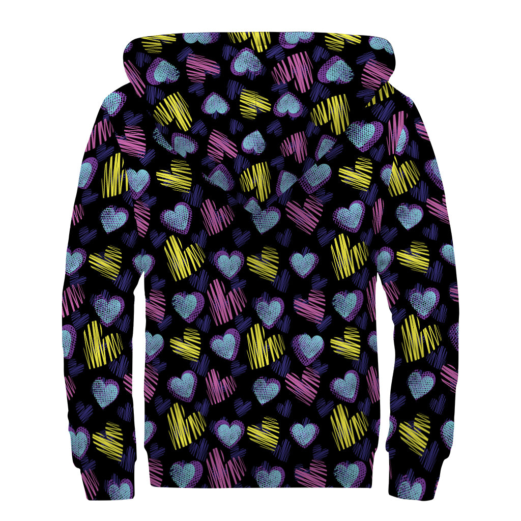Graffiti Heart Pattern Print Sherpa Lined Zip Up Hoodie