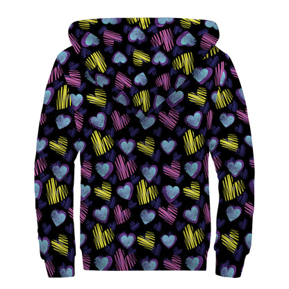 Graffiti Heart Pattern Print Sherpa Lined Zip Up Hoodie