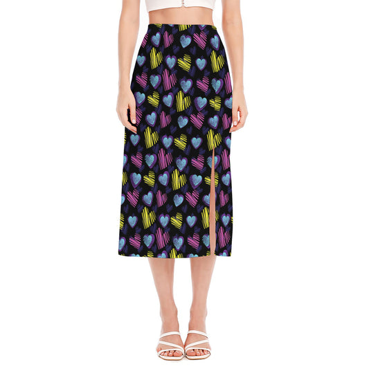 Graffiti Heart Pattern Print Side Slit Midi Skirt