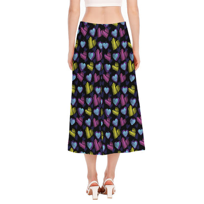 Graffiti Heart Pattern Print Side Slit Midi Skirt