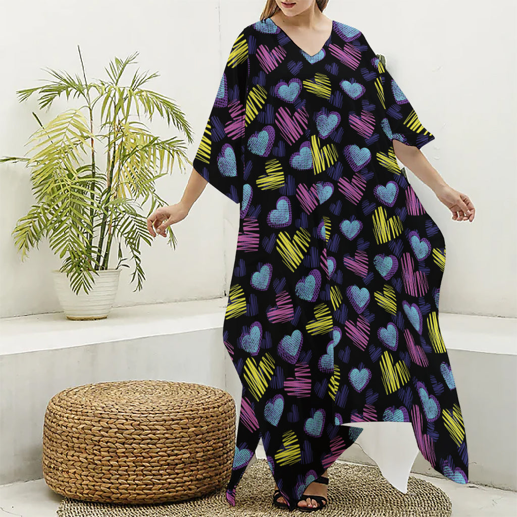 Graffiti Heart Pattern Print Silk V-Neck Kaftan Dress