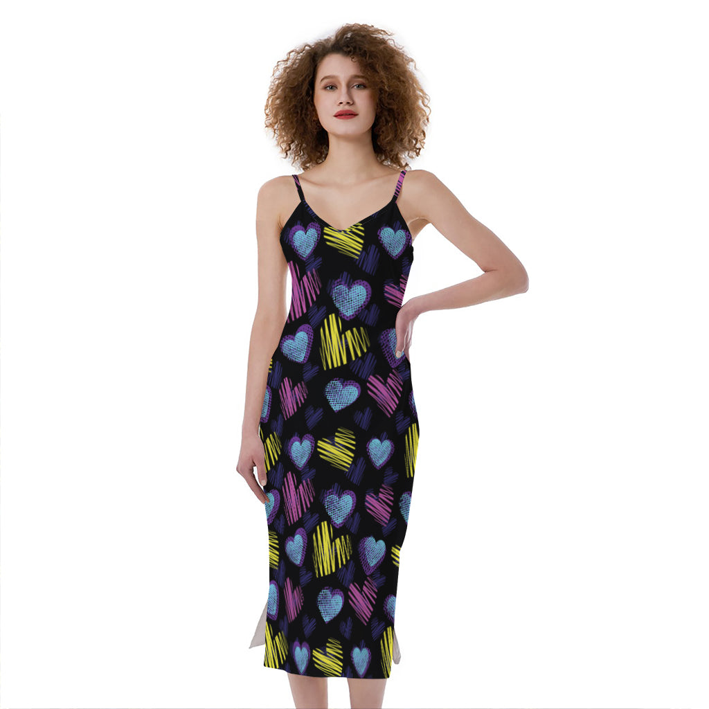 Graffiti Heart Pattern Print Slim Fit Midi Cami Dress