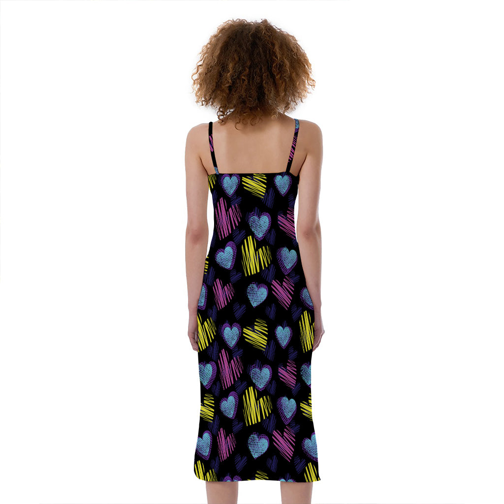 Graffiti Heart Pattern Print Slim Fit Midi Cami Dress