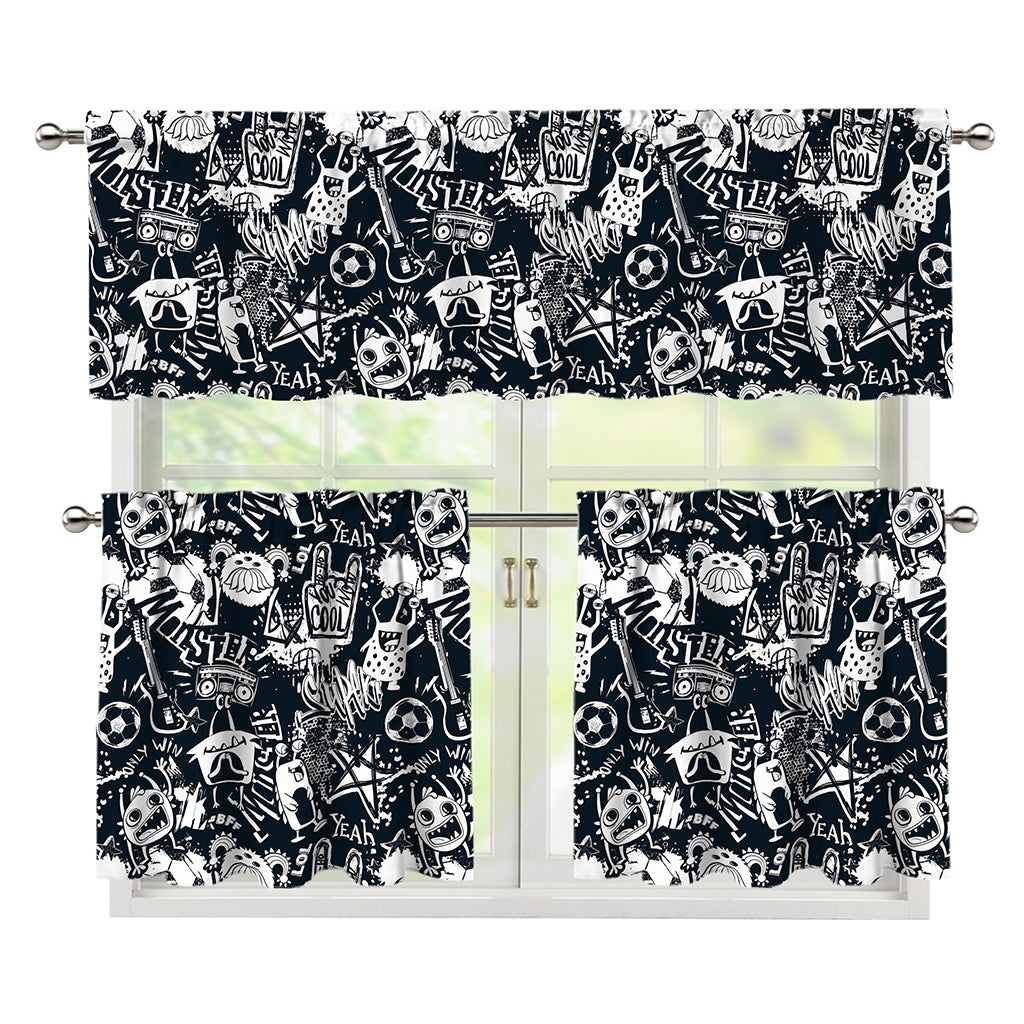 Graffiti Monster Characters Print 3 Piece Kitchen Curtains