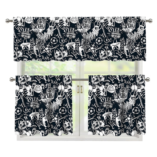Graffiti Monster Characters Print 3 Piece Kitchen Curtains