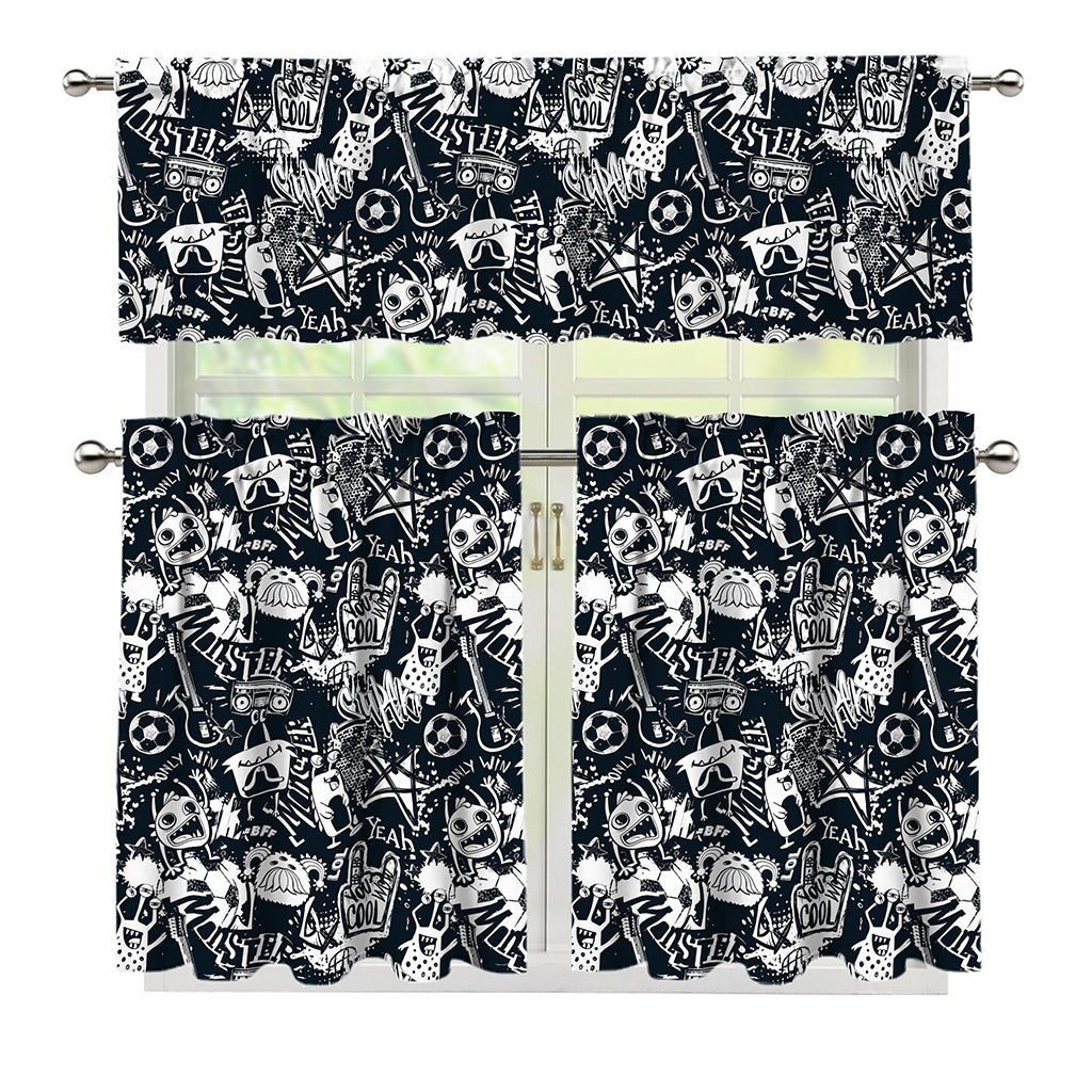 Graffiti Monster Characters Print 3 Piece Kitchen Curtains