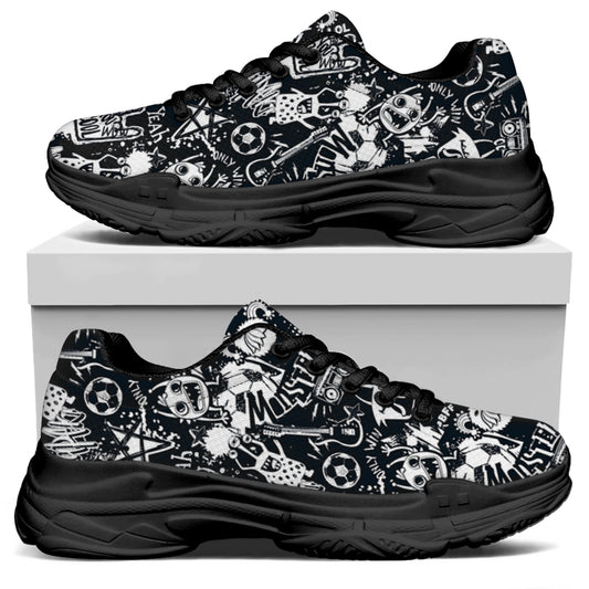 Graffiti Monster Characters Print Black Chunky Shoes