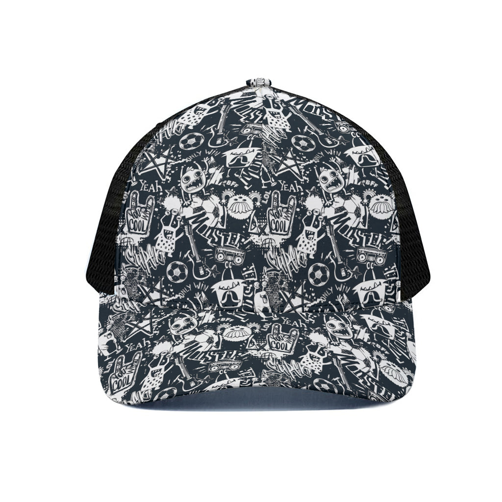 Graffiti Monster Characters Print Black Mesh Trucker Cap