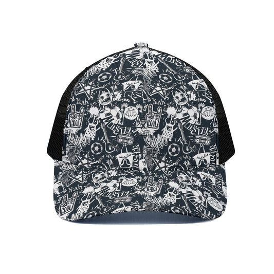Graffiti Monster Characters Print Black Mesh Trucker Cap