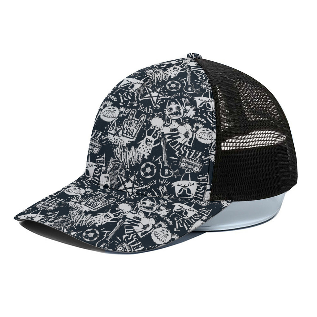 Graffiti Monster Characters Print Black Mesh Trucker Cap