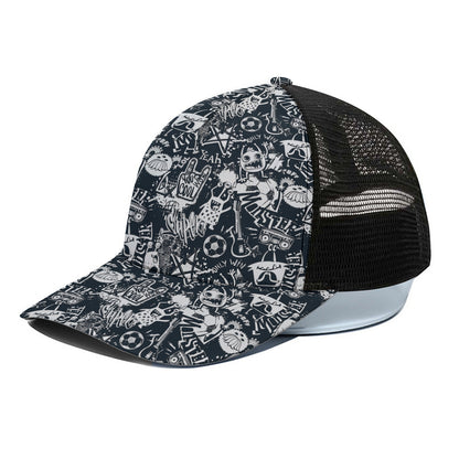Graffiti Monster Characters Print Black Mesh Trucker Cap