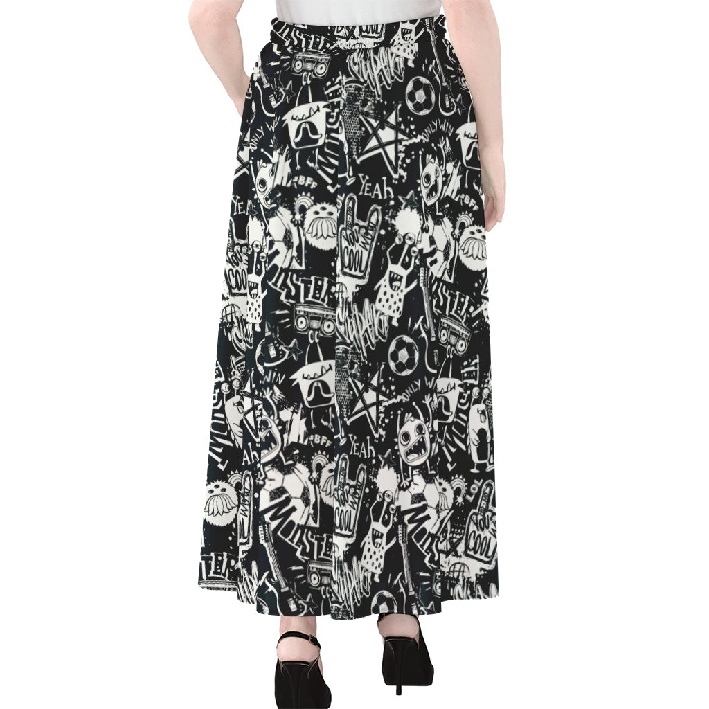 Graffiti Monster Characters Print Chiffon Maxi Skirt