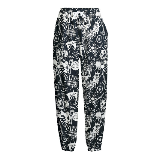 Graffiti Monster Characters Print Fleece Lined Knit Pants