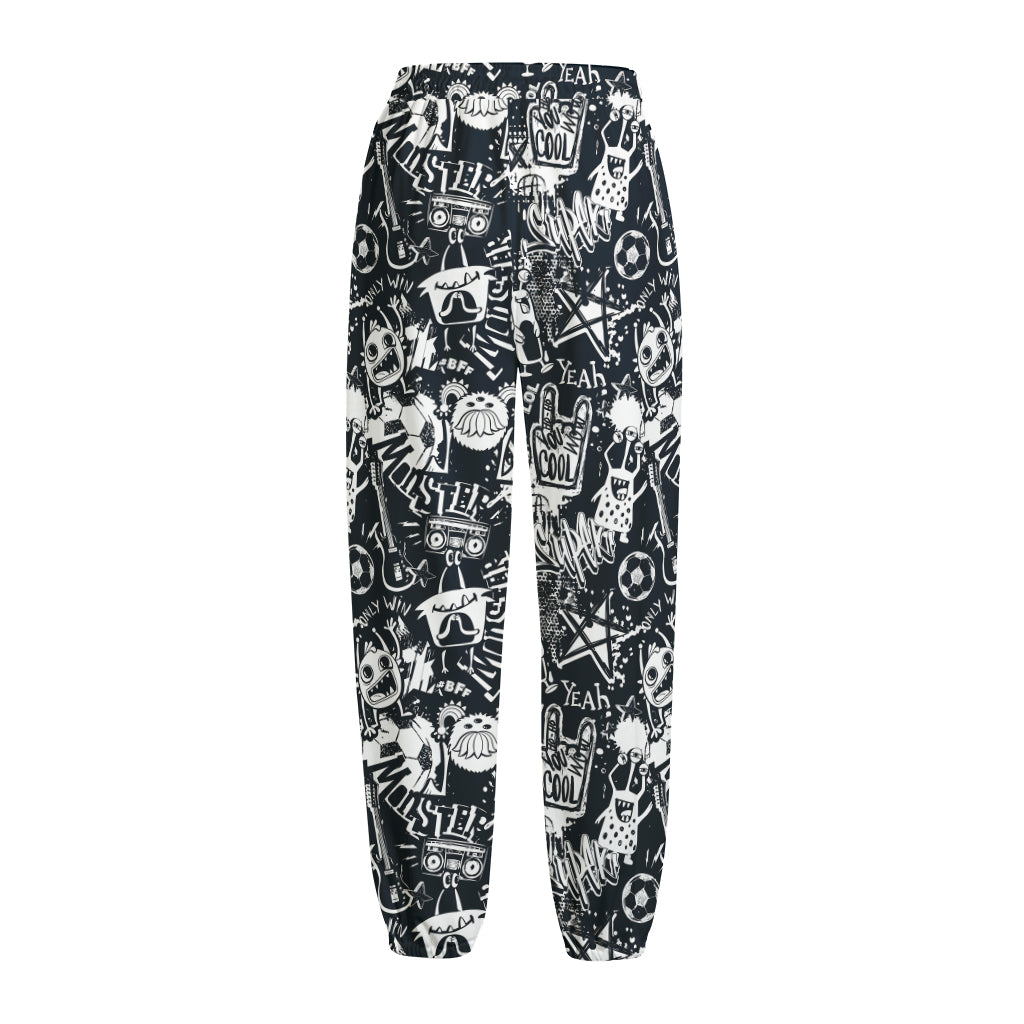 Graffiti Monster Characters Print Fleece Lined Knit Pants