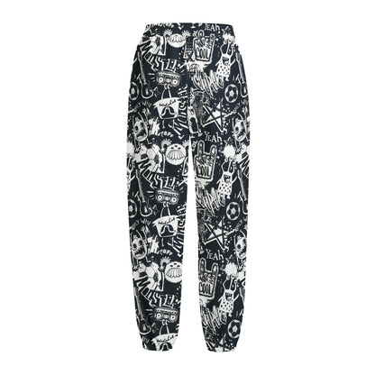 Graffiti Monster Characters Print Fleece Lined Knit Pants