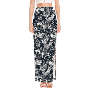 Graffiti Monster Characters Print High Slit Maxi Skirt