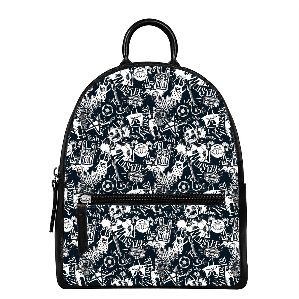 Graffiti Monster Characters Print Leather Backpack