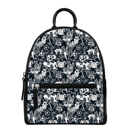 Graffiti Monster Characters Print Leather Backpack