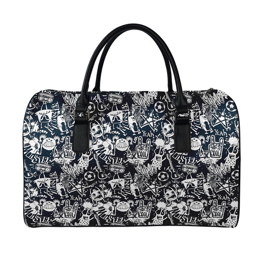 Graffiti Monster Characters Print Leather Duffle Bag
