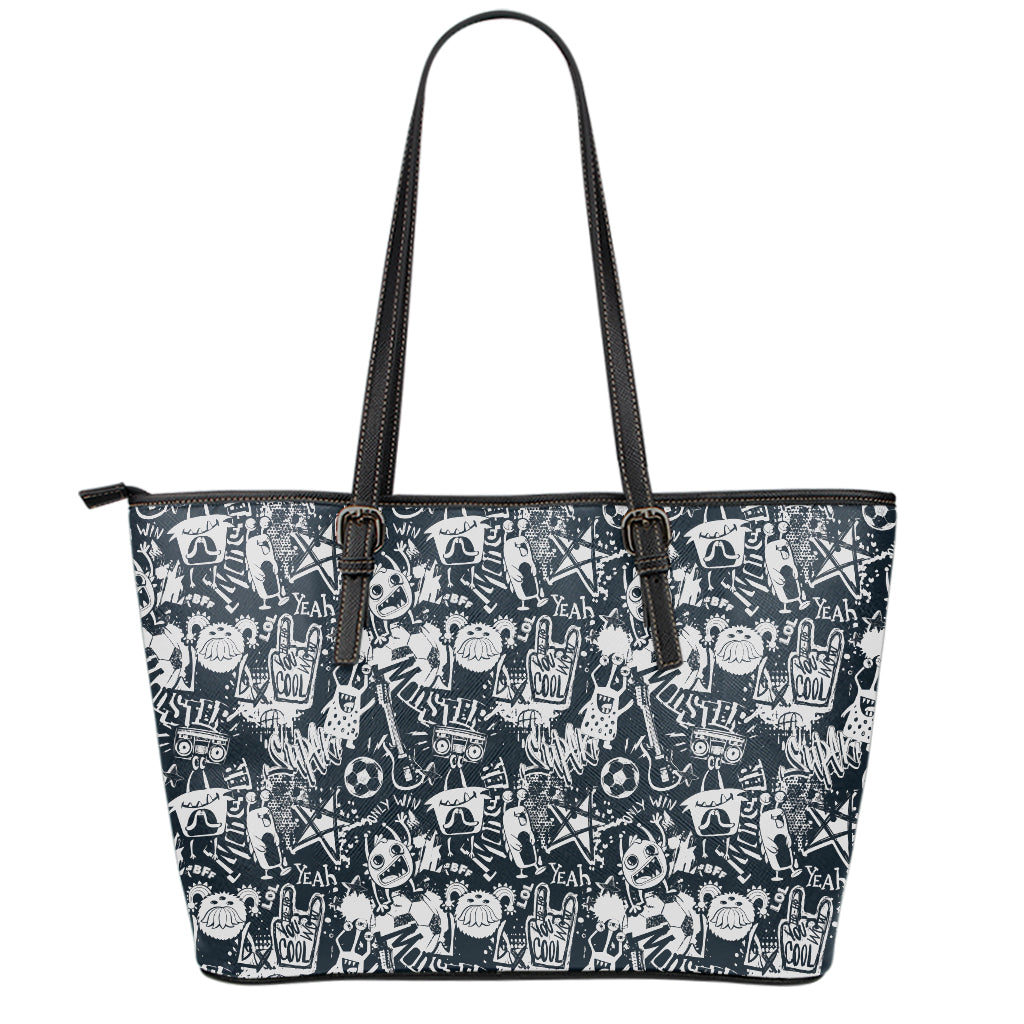 Graffiti Monster Characters Print Leather Tote Bag