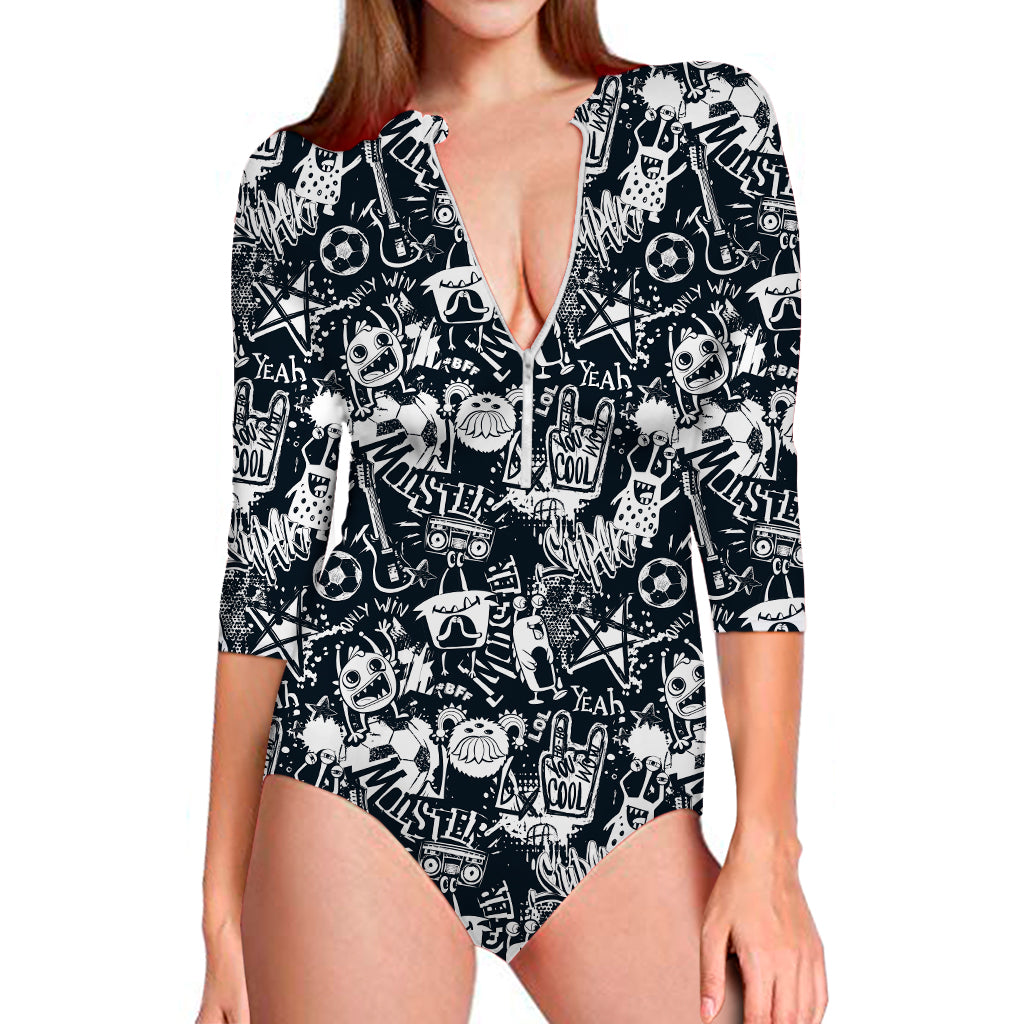 Graffiti Monster Characters Print Long Sleeve Swimsuit