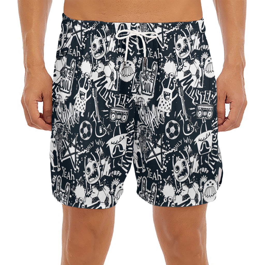Graffiti Monster Characters Print Men's Split Running Shorts