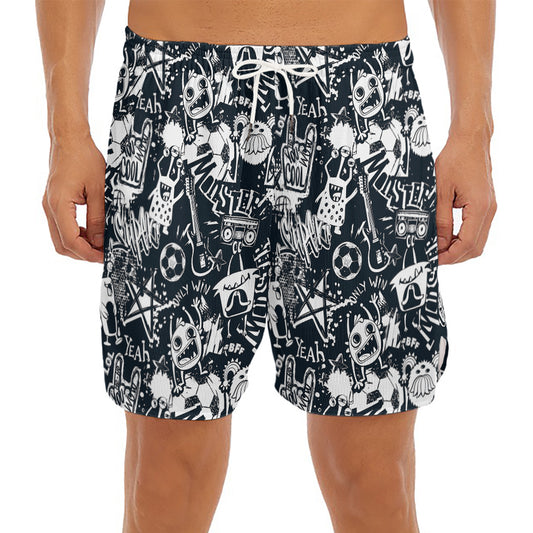 Graffiti Monster Characters Print Men's Split Running Shorts