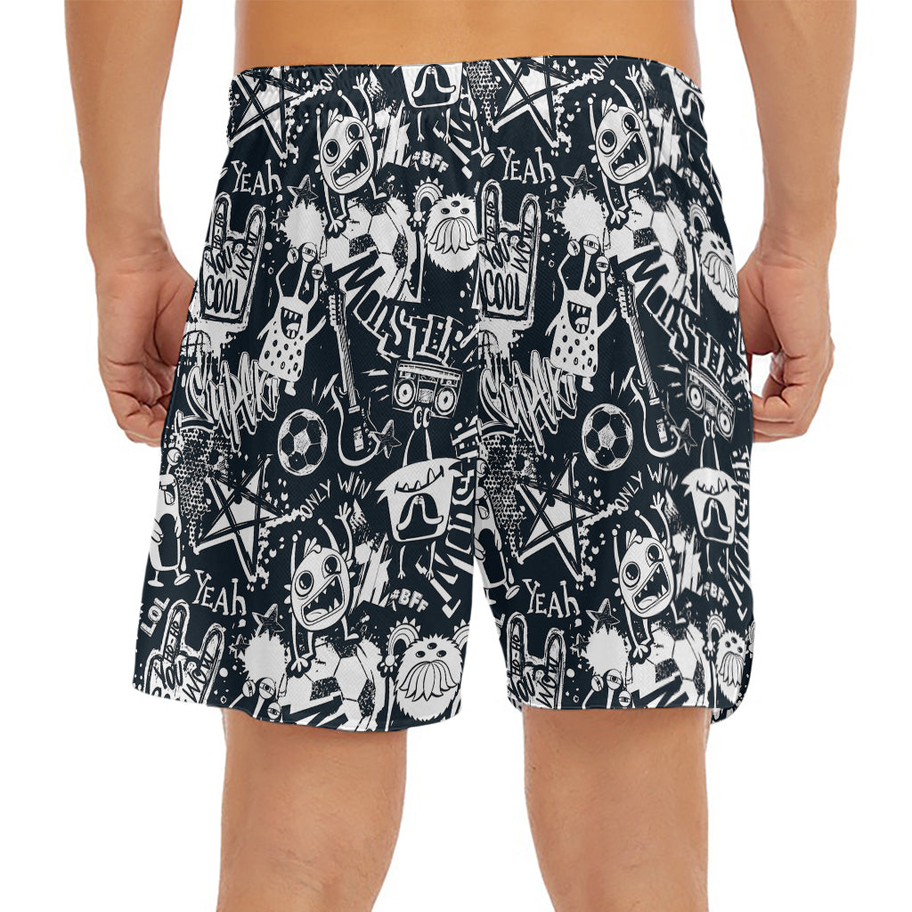 Graffiti Monster Characters Print Men's Split Running Shorts