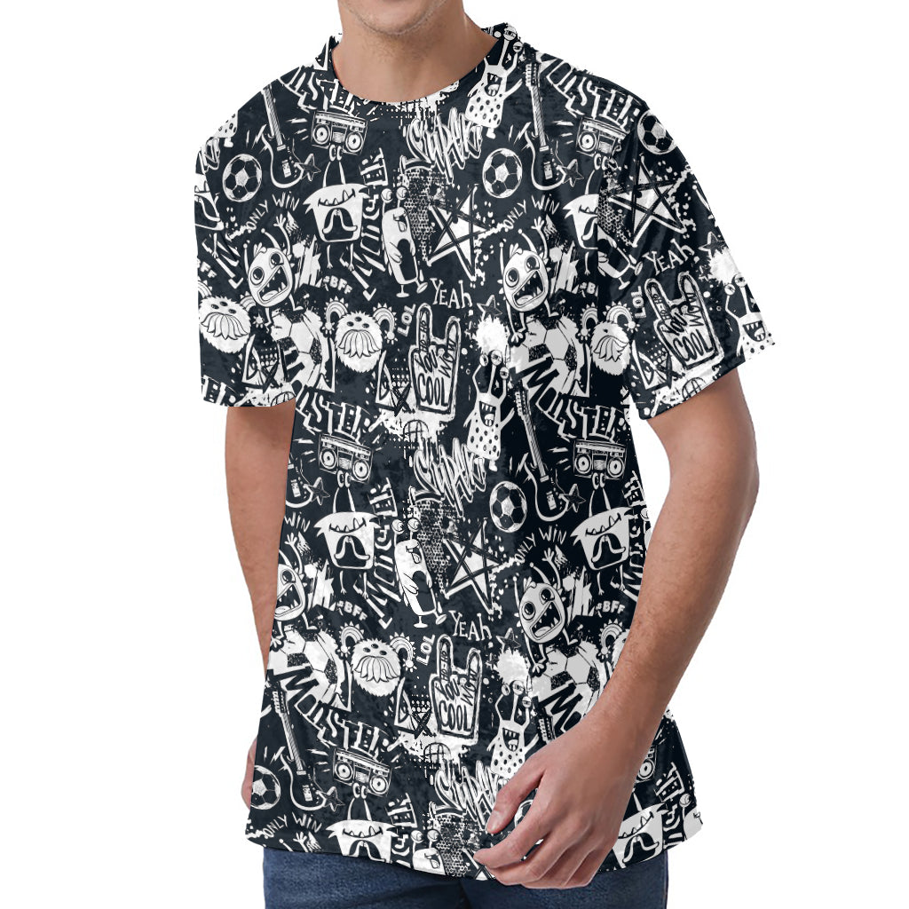 Graffiti Monster Characters Print Men's Velvet T-Shirt