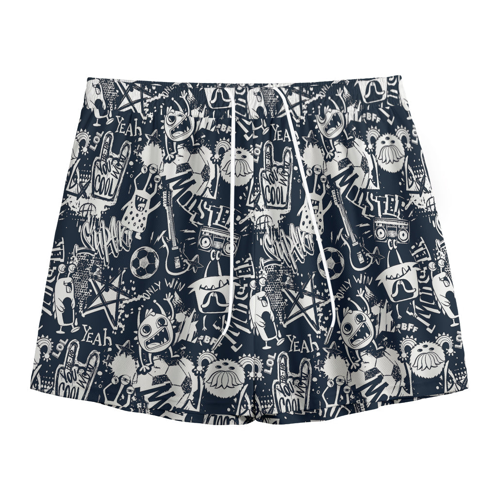 Graffiti Monster Characters Print Mesh Shorts